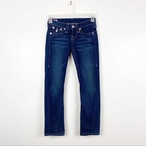 TRUE RELIGION Joey Dark Wash Flare Distressed Back Flap Pockets Jeans, Size 24